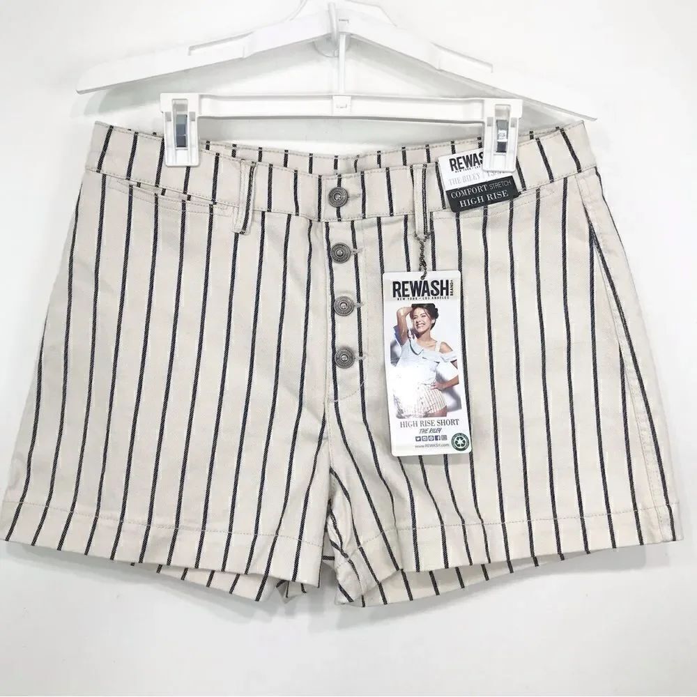 Rewash The Riley Cream Blue Pinstripe Comfort Stretch High Rise Shorts NEW